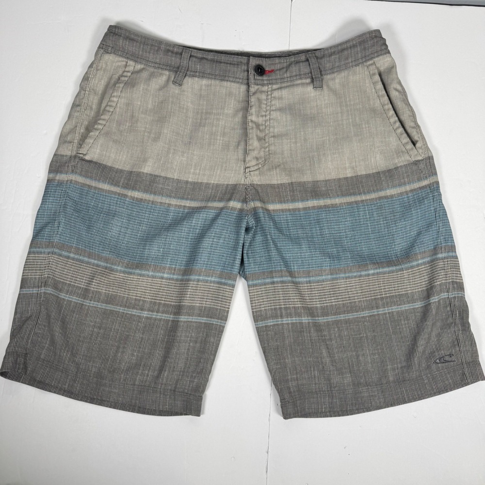 O'Neill Hyperfreak Hybrid Shorts Mens 34 Grey Blue Striped Boardshorts Walkshort
